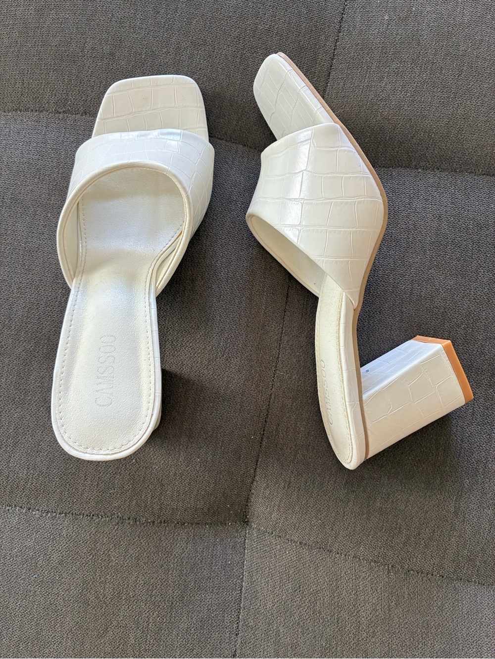 Croc-Embossed Cream Block Heel Slide